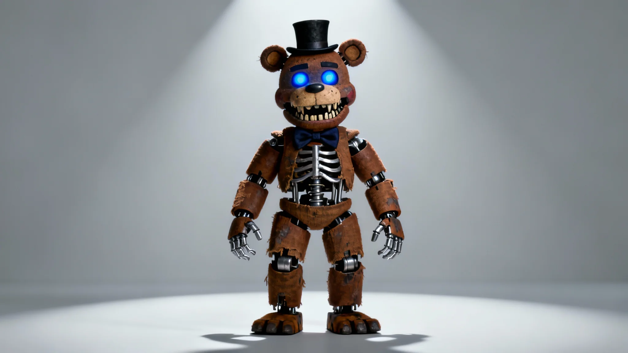 A hyper-realistic 3D render of a menacing animatronic bear, inspired by the game Five Nights at Freddy's, standing against a plain white background.