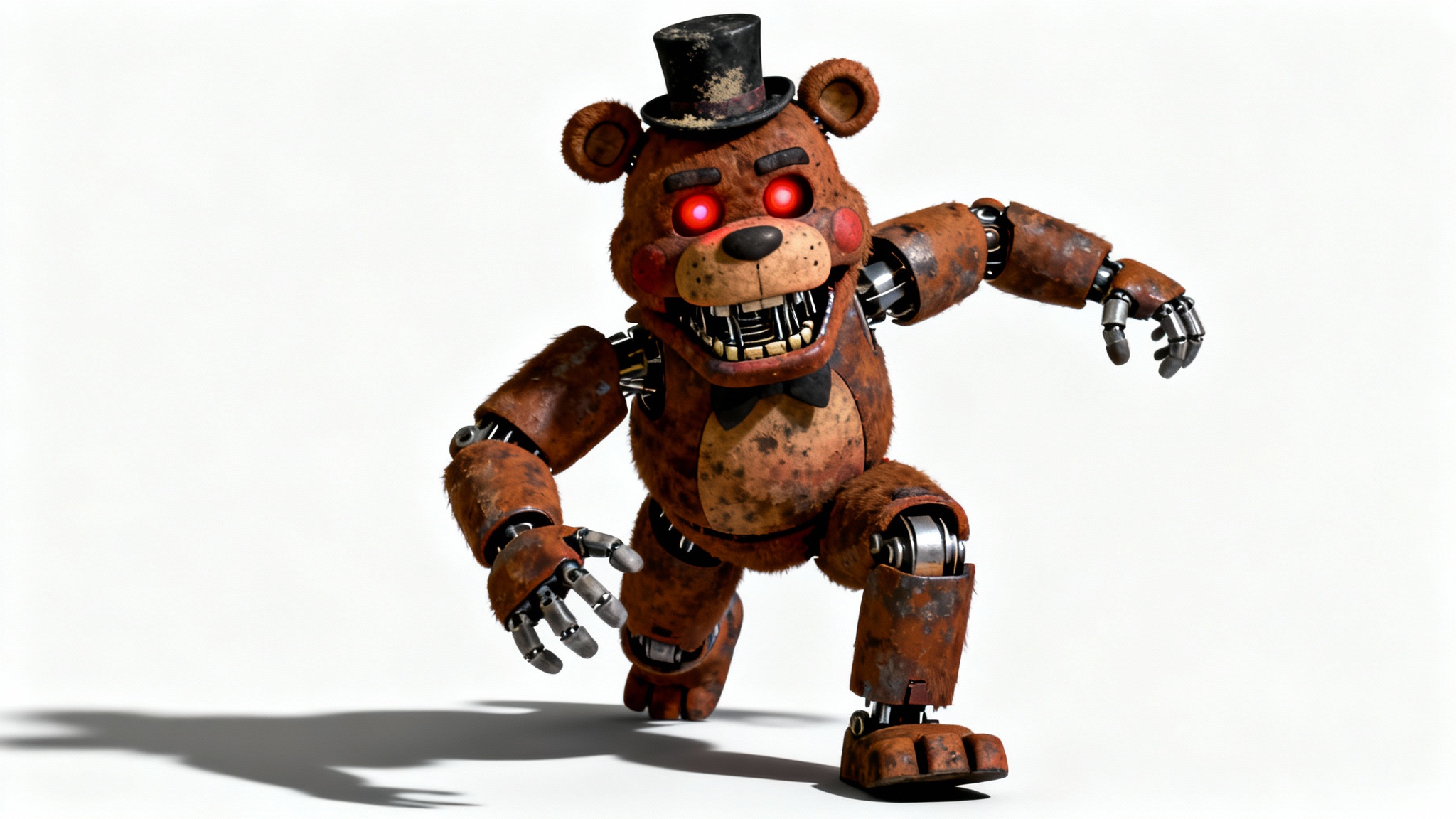 A hyper-realistic 3D render of a scary animatronic bear from a horror game, shown in a dynamic pose against a clean white background. The bear has glowing red eyes and looks weathered and terrifying.