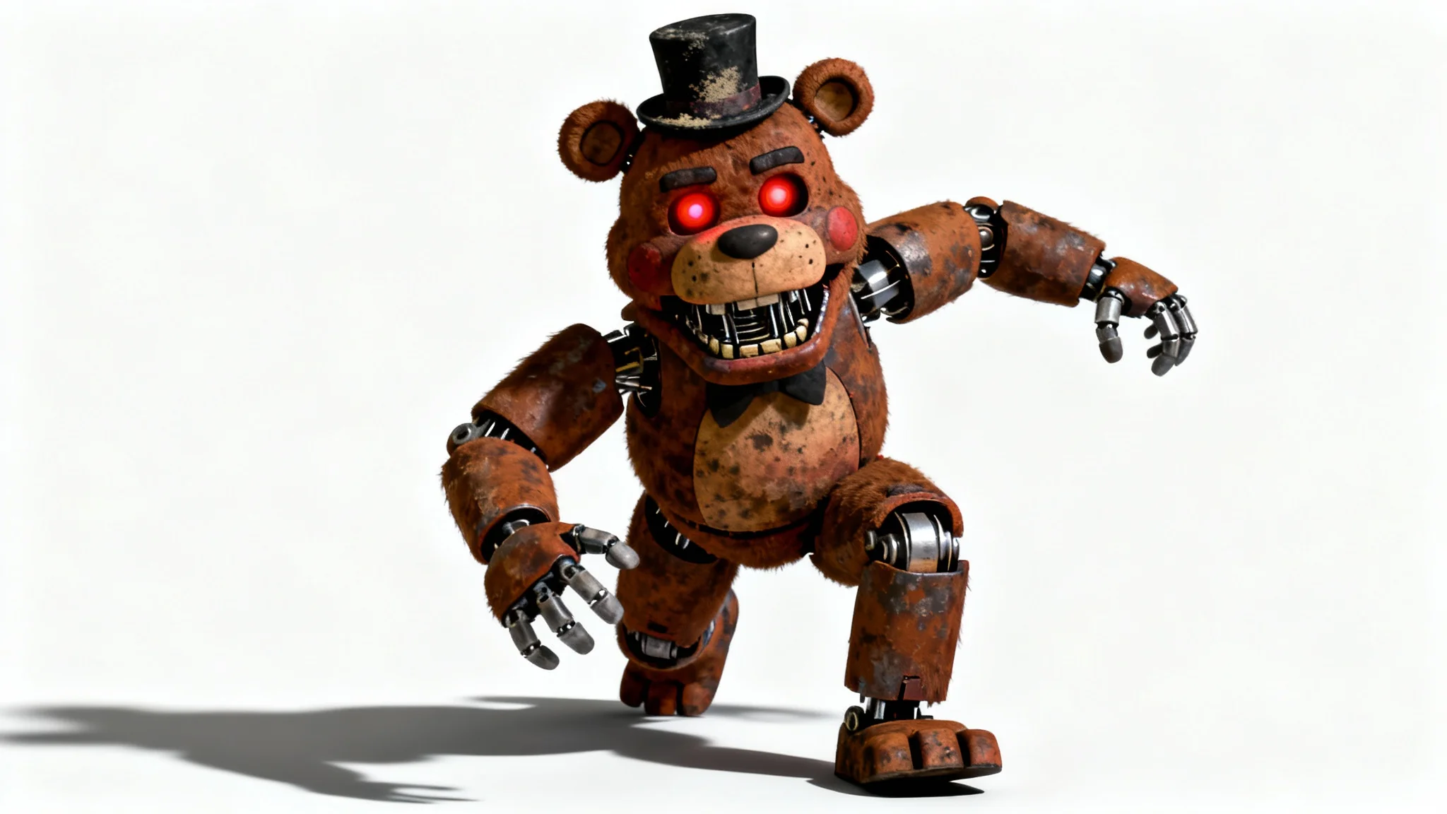 A hyper-realistic 3D render of a scary animatronic bear from a horror game, shown in a dynamic pose against a clean white background. The bear has glowing red eyes and looks weathered and terrifying.