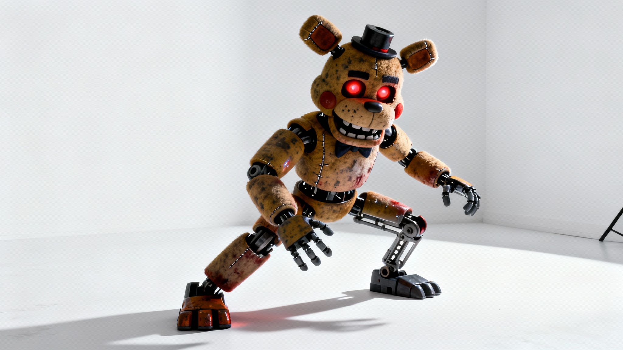 A hyper-realistic 3D render of a menacing animatronic character inspired by the Five Nights at Freddy's series, standing against a clean white background with dramatic horror lighting.