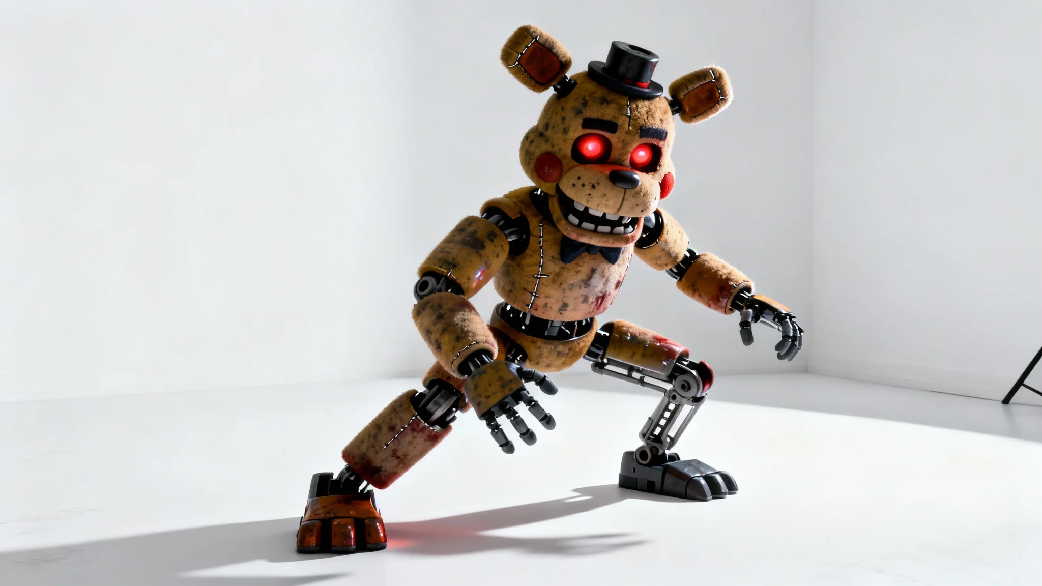 A hyper-realistic 3D render of a menacing animatronic character inspired by the Five Nights at Freddy's series, standing against a clean white background with dramatic horror lighting.