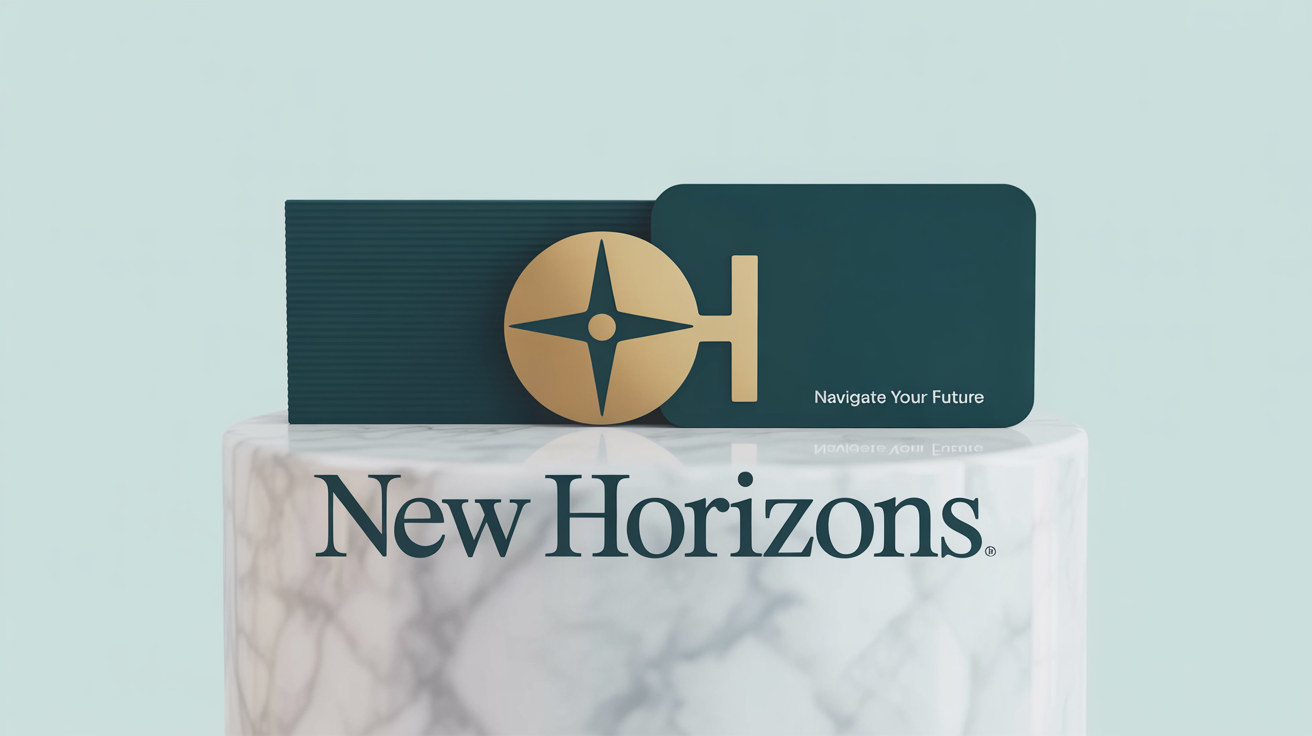 A collection of rebranded company materials for 'NEW HORIZONS', including a business card and letterhead, featuring a new sophisticated logo with a gold compass icon and elegant serif text.