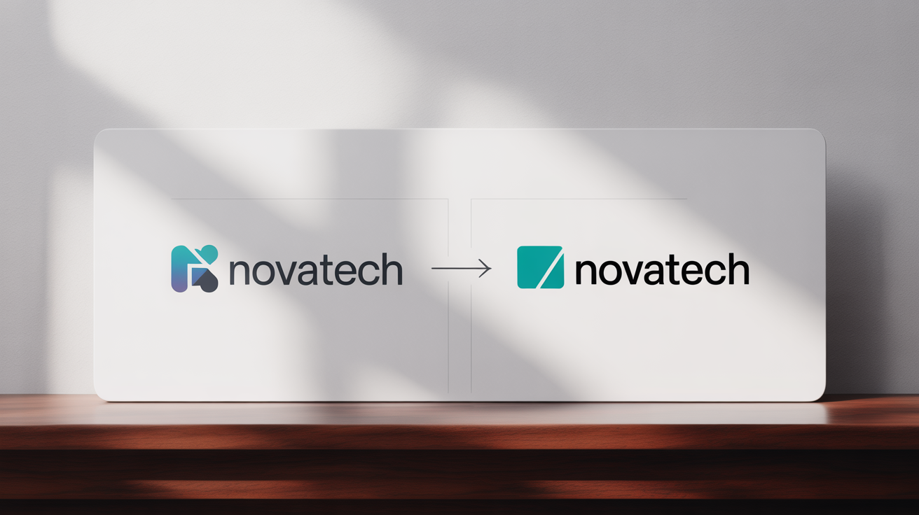 A side-by-side comparison of a logo rebrand on a white background. The old, dated logo is on the left, and the new, modern minimalist logo is on the right, with an arrow showing the transformation.