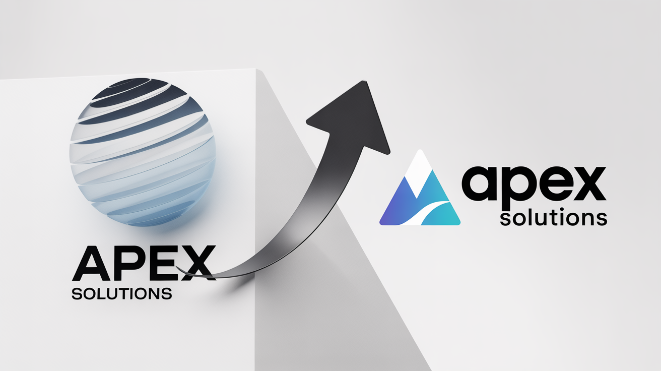 A before-and-after image showing a logo rebrand. An old, complex logo for 'Apex Solutions' is on the left, and a new, modern, minimalist logo for the same company is on the right, with an arrow indicating the update.