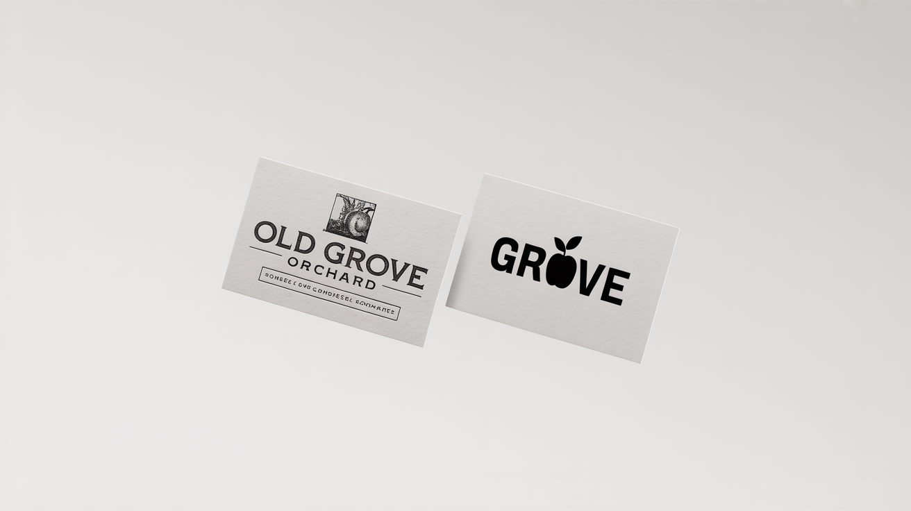 A before-and-after comparison of a logo rebrand, showing a dated business card for 'Old Grove Orchard' next to a modern business card for the rebranded company 'Grove'.