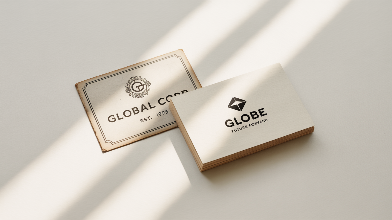 A photorealistic mockup showing a company rebrand. An old, dated business card with a complex logo is placed next to a new, modern business card with a sleek, minimalist logo, illustrating a successful brand refresh.