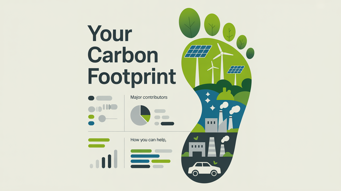 A professionally designed infographic titled 'YOUR CARBON FOOTPRINT' showing a large footprint graphic split between green nature and gray pollution, surrounded by charts and text explaining the topic.