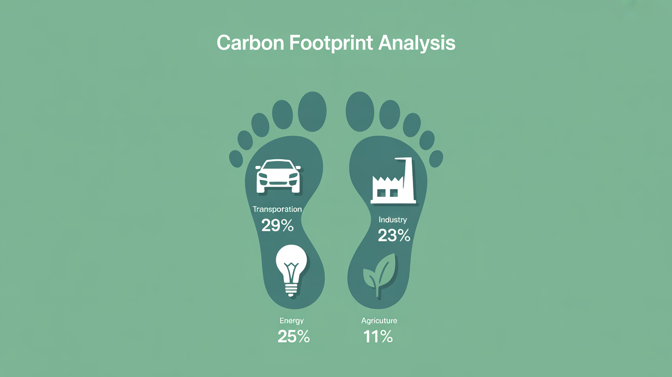 An infographic illustrating the sources of a carbon footprint, showing a large footprint graphic containing icons and percentages for transportation, industry, energy, and agriculture.
