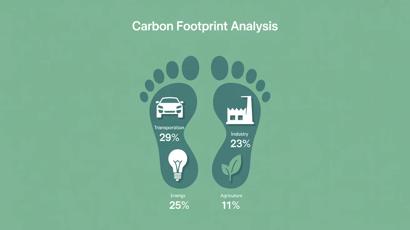 An infographic illustrating the sources of a carbon footprint, showing a large footprint graphic containing icons and percentages for transportation, industry, energy, and agriculture.
