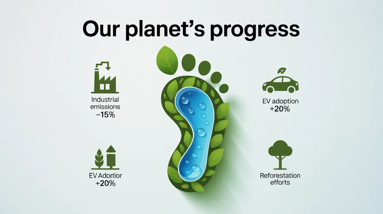 A modern infographic mockup illustrating progress in carbon footprint reduction. It features a central footprint icon made of leaves, surrounded by data points on industrial emissions, EV adoption, and reforestation, with the title 'Our Planet's Progress'.