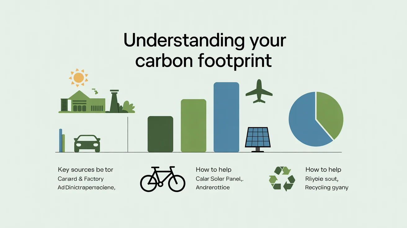 A modern infographic mockup explaining the concept of a carbon footprint. It features clean icons for pollution sources and solutions, alongside charts and the title 'Understanding Your Carbon Footprint' on a white background.