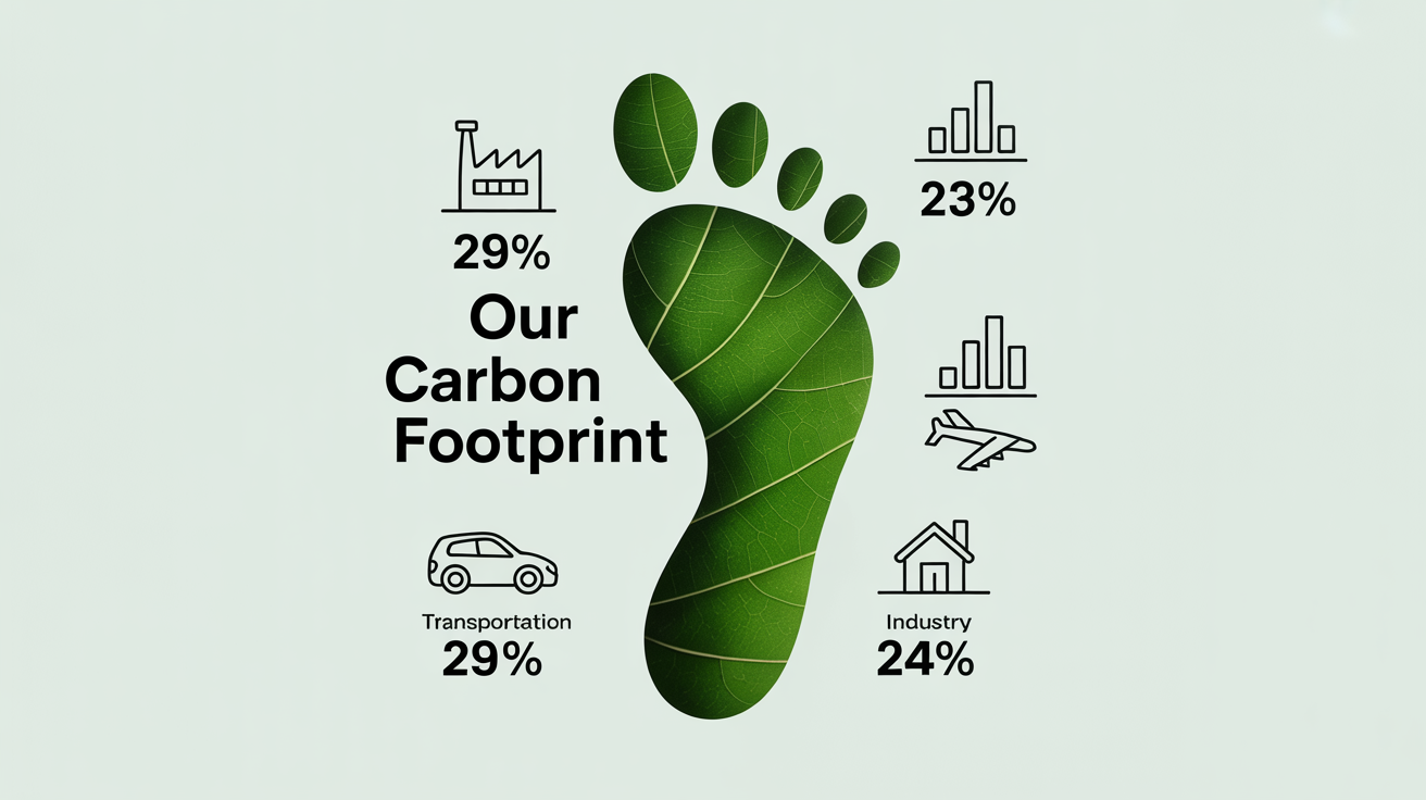 A minimalist infographic about carbon footprints. It features a central graphic of a green leaf shaped like a footprint, surrounded by icons and data representing sources of emissions like transportation and industry.