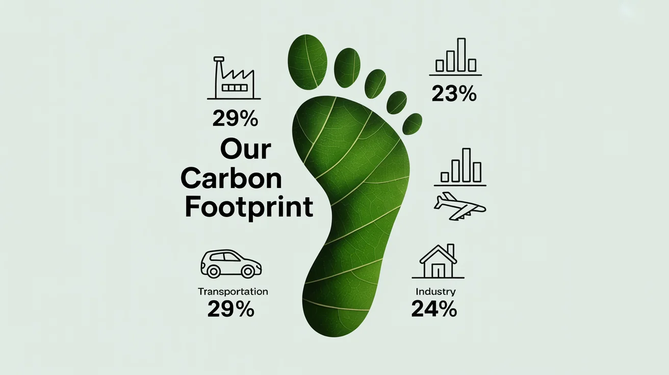 A minimalist infographic about carbon footprints. It features a central graphic of a green leaf shaped like a footprint, surrounded by icons and data representing sources of emissions like transportation and industry.