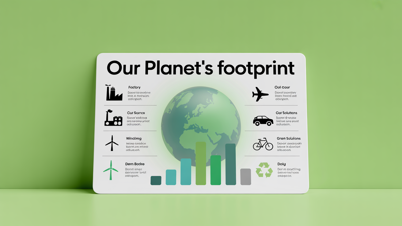 A modern infographic mockup explaining the carbon footprint, featuring green and teal icons for sources and solutions on a clean white background.