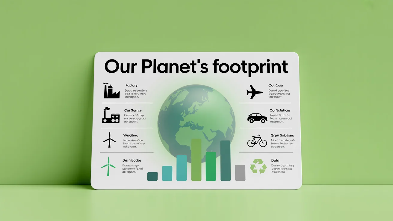 A modern infographic mockup explaining the carbon footprint, featuring green and teal icons for sources and solutions on a clean white background.