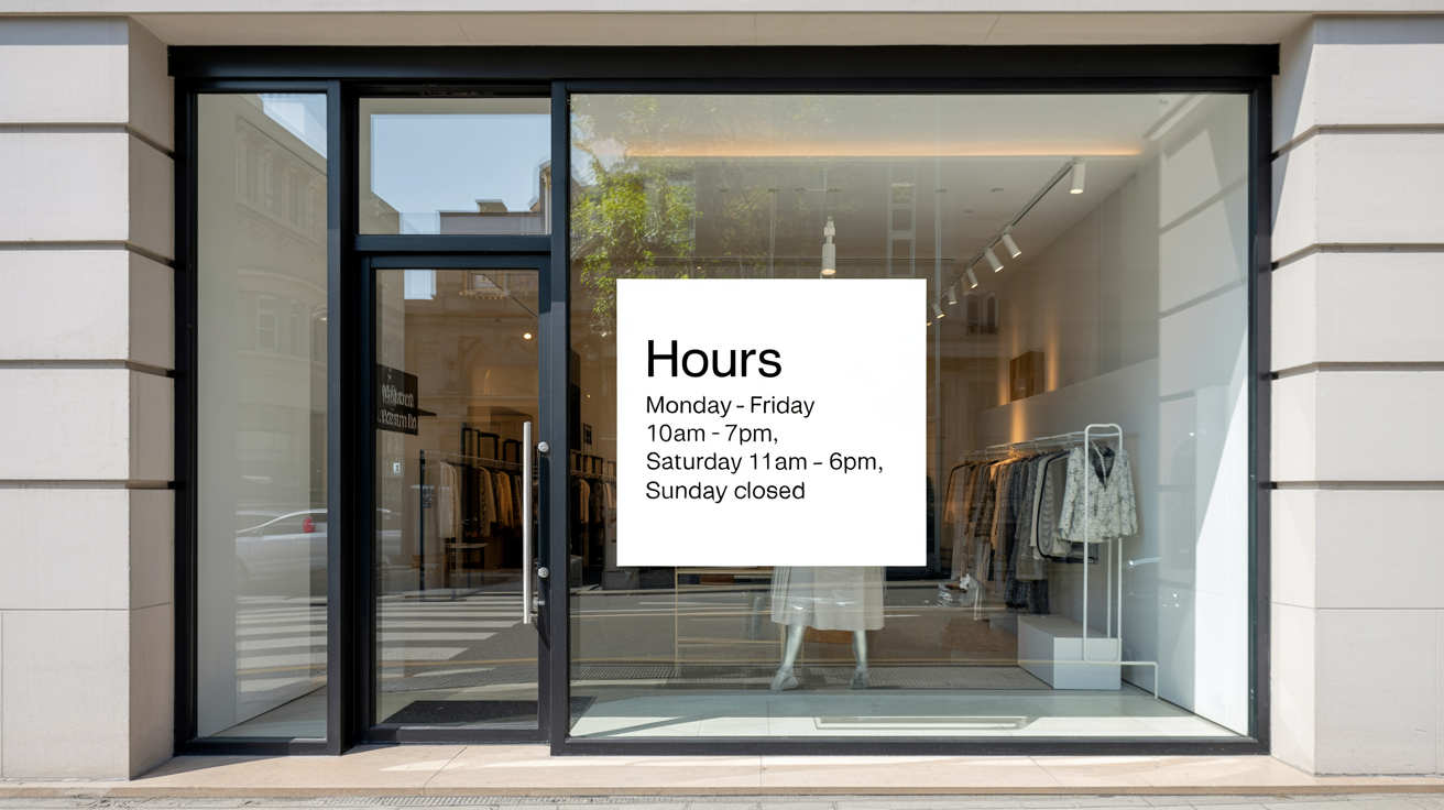 A close-up photograph of a modern white vinyl decal on the glass door of a stylish storefront, displaying the business's hours of operation.