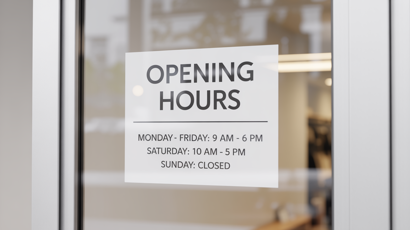 A professional mockup of a store hours window decal on a glass door, showing fictional business hours in clear black text on a white vinyl sticker, set against a plain white background.
