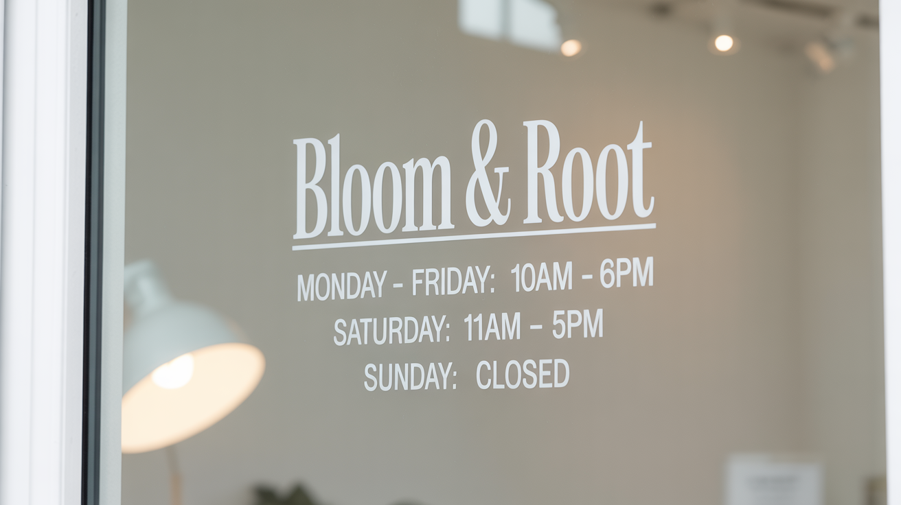 A professional mockup of a white vinyl store hours window decal for a fictional shop called 'Bloom & Root', applied to a glass pane against a stark white background.