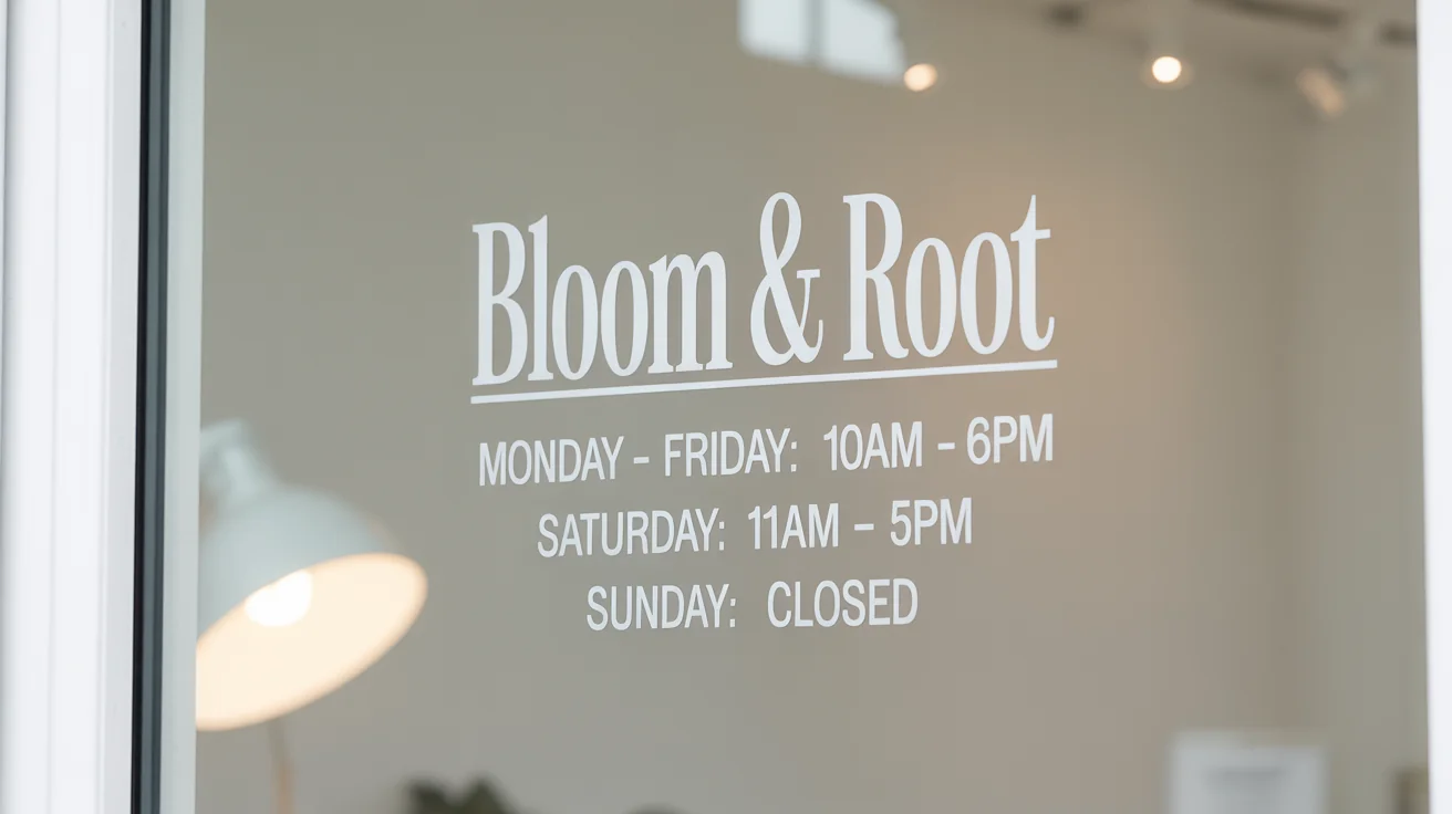 A professional mockup of a white vinyl store hours window decal for a fictional shop called 'Bloom & Root', applied to a glass pane against a stark white background.