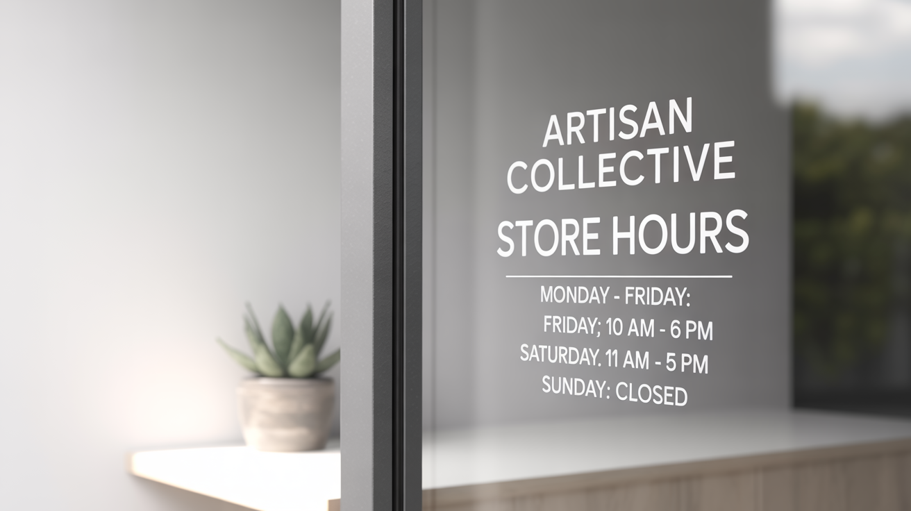 A close-up of a white vinyl store hours window decal for a fictional shop called 'Artisan Collective', shown on a glass door against a clean white background.