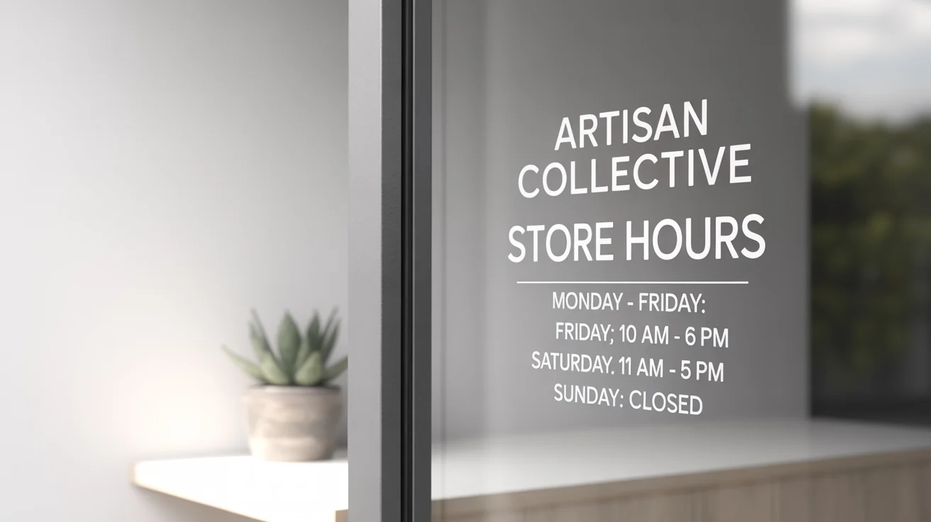 A close-up of a white vinyl store hours window decal for a fictional shop called 'Artisan Collective', shown on a glass door against a clean white background.