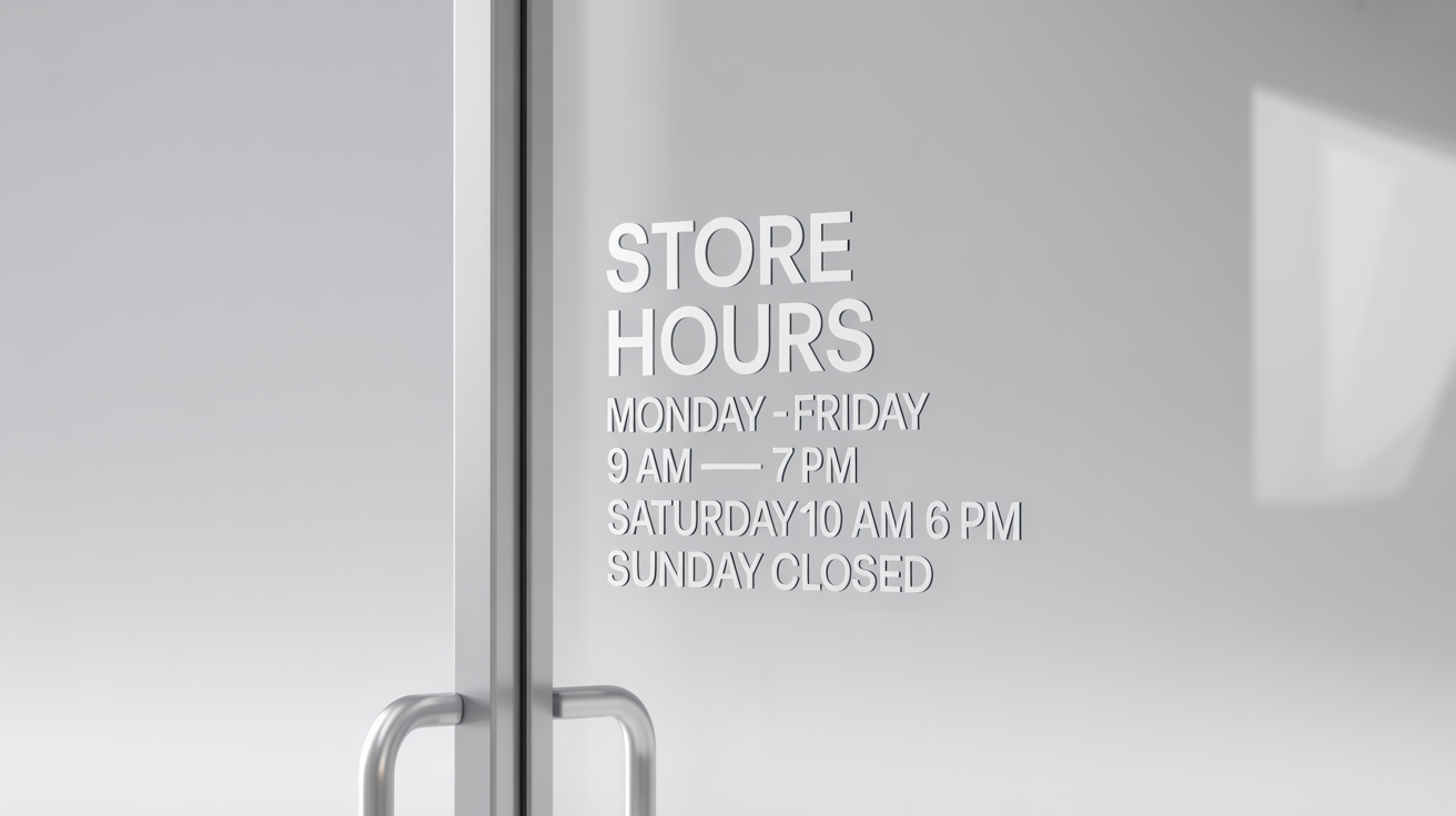 A professional mockup of a white vinyl store hours decal applied to a clean glass window against a white background, displaying fictional business hours.
