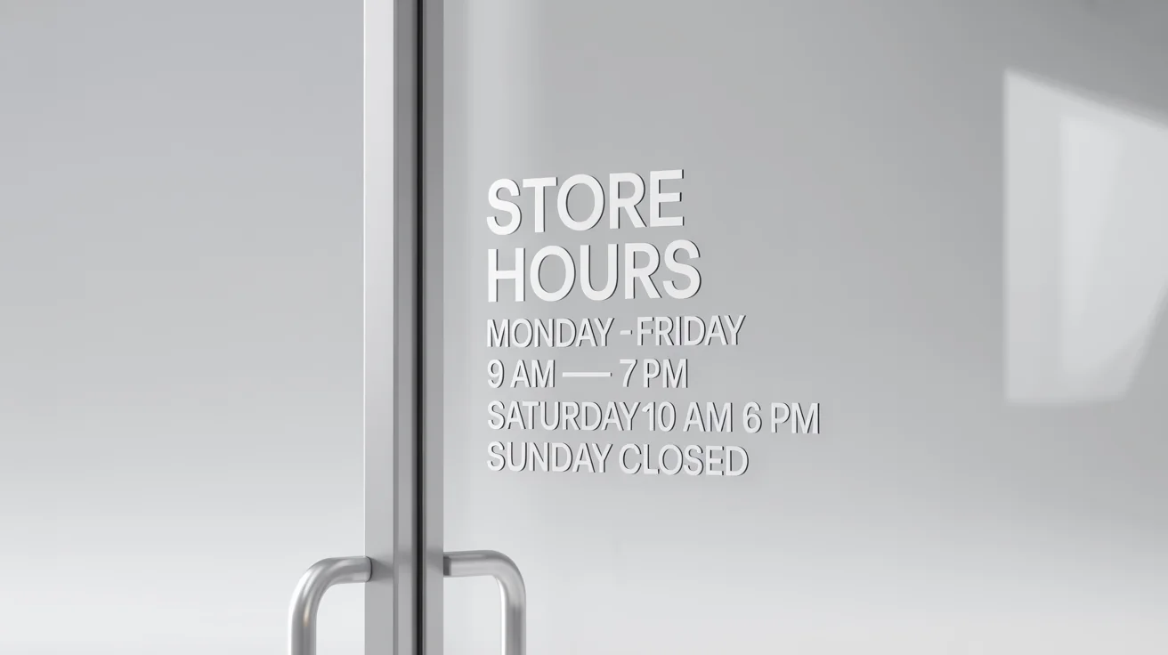 A professional mockup of a white vinyl store hours decal applied to a clean glass window against a white background, displaying fictional business hours.