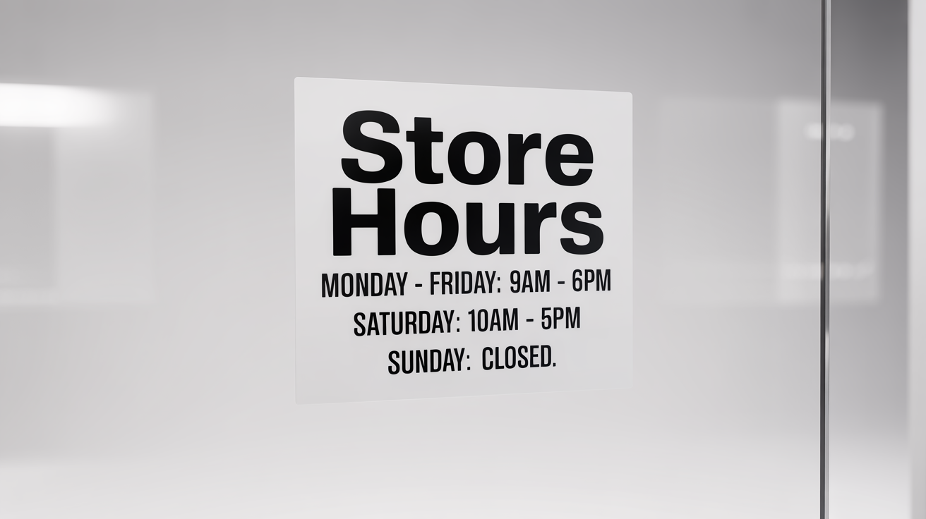 A close-up mockup of a white vinyl decal showing store hours, professionally applied to a clean glass window against a white background.