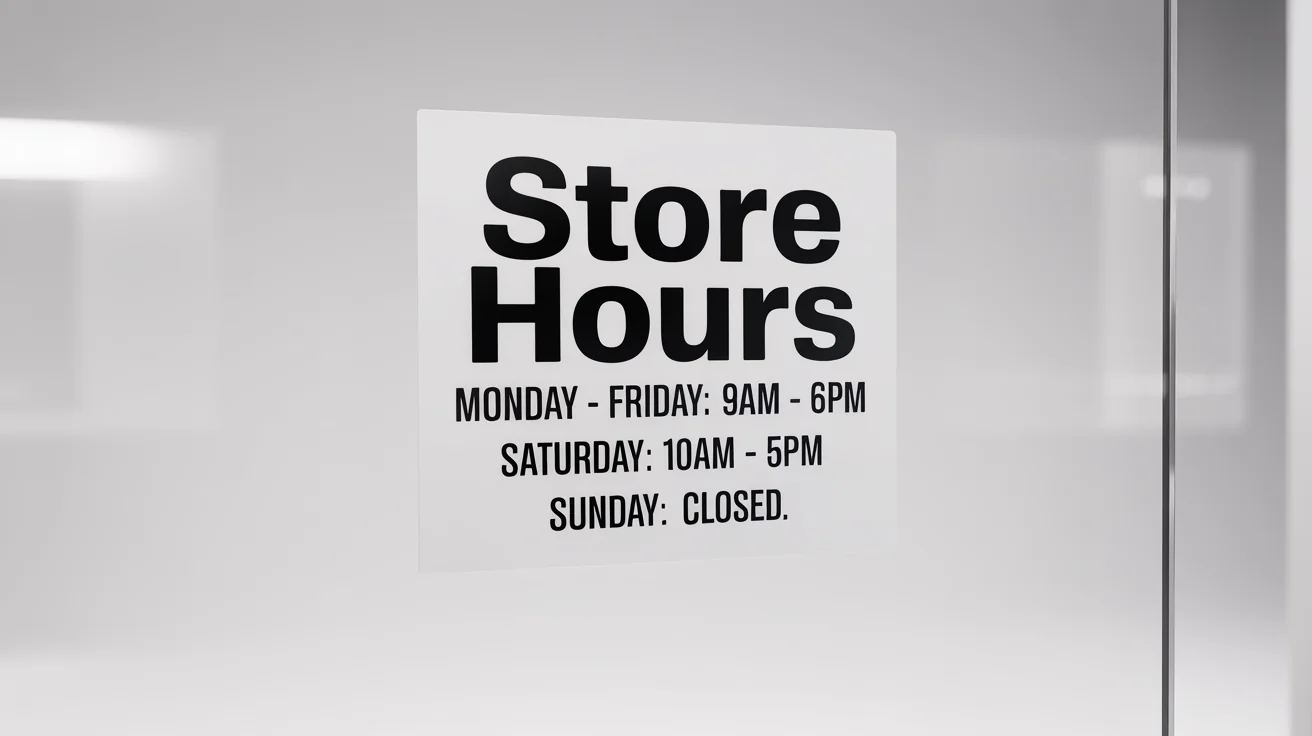 A close-up mockup of a white vinyl decal showing store hours, professionally applied to a clean glass window against a white background.