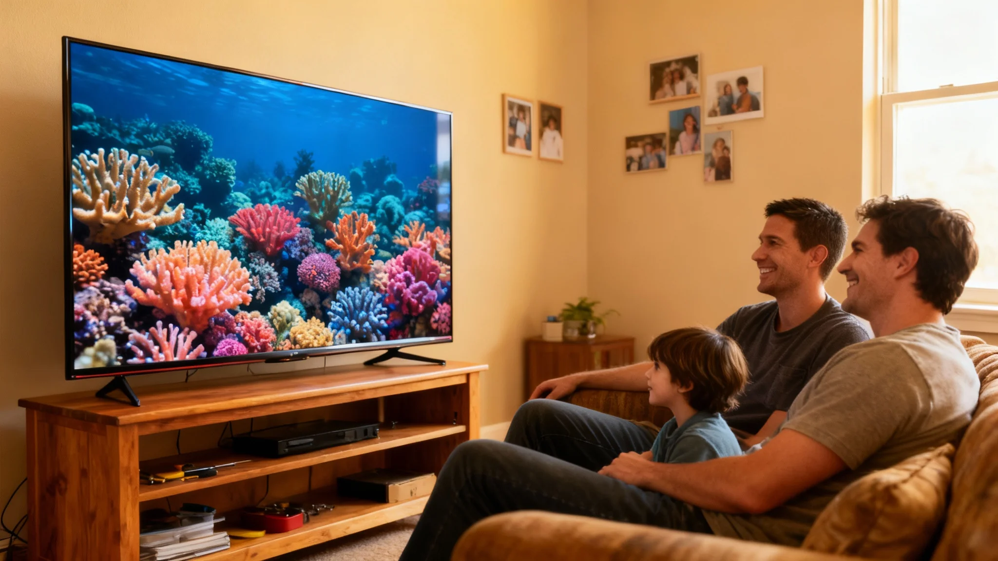 A family sits together on a couch in a cozy living room, happily watching a movie on a new, large, flat-screen TV. The screen shows a vibrant, colorful underwater scene, highlighting the TV's excellent picture quality after a successful replacement.