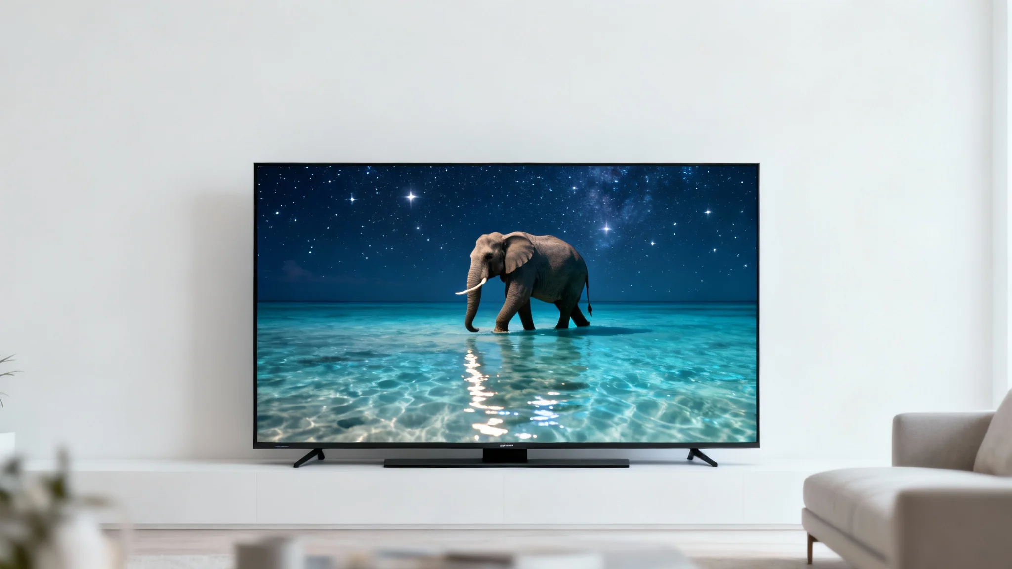 A mockup of a modern TV in a living room, where the screen has been replaced with a surreal image of an elephant walking in the ocean under a starry sky.