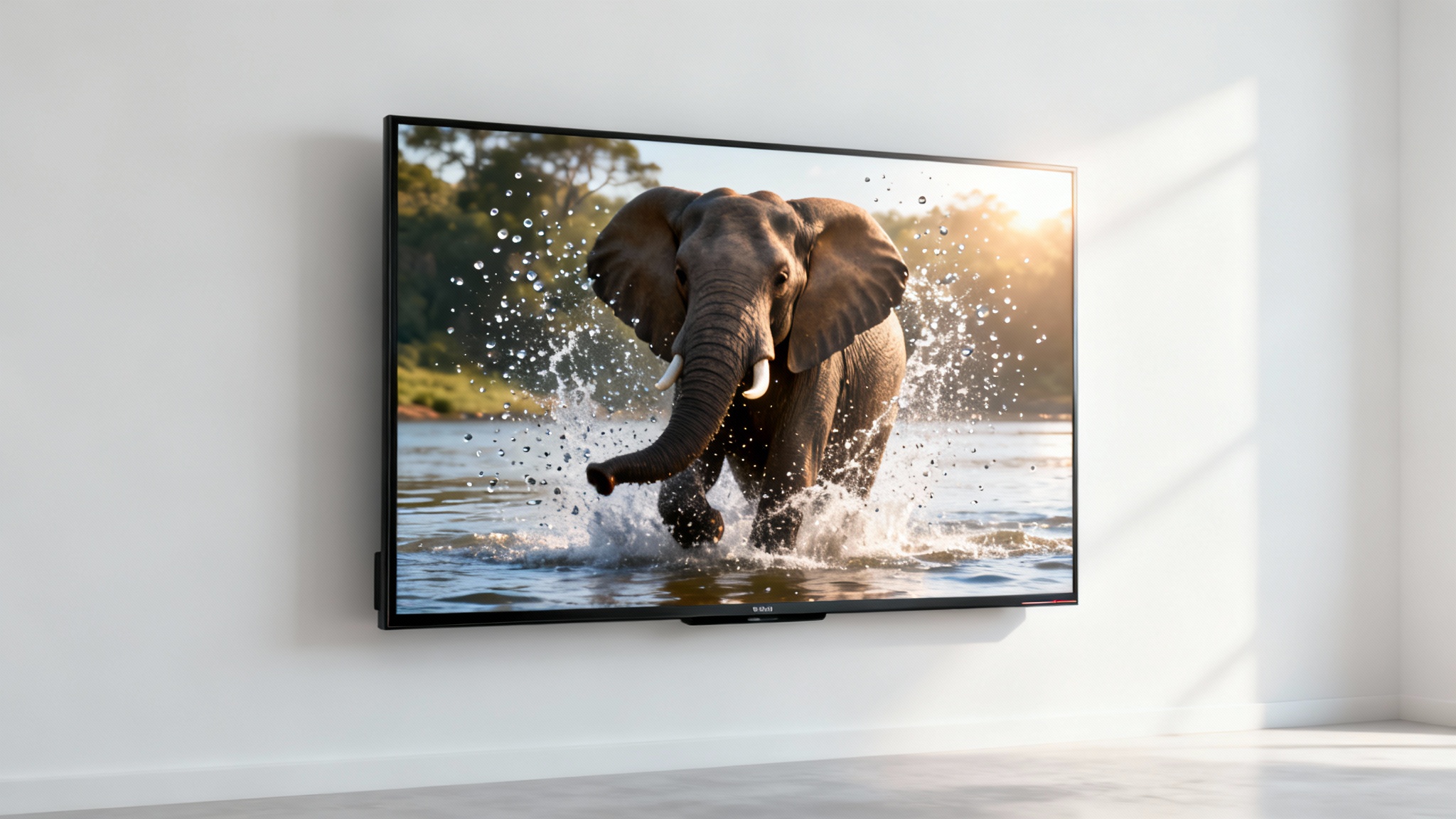 A mockup of a modern flat-screen TV on a white wall. The screen shows a hyper-realistic elephant splashing water, with the water appearing to fly out of the screen in 3D.