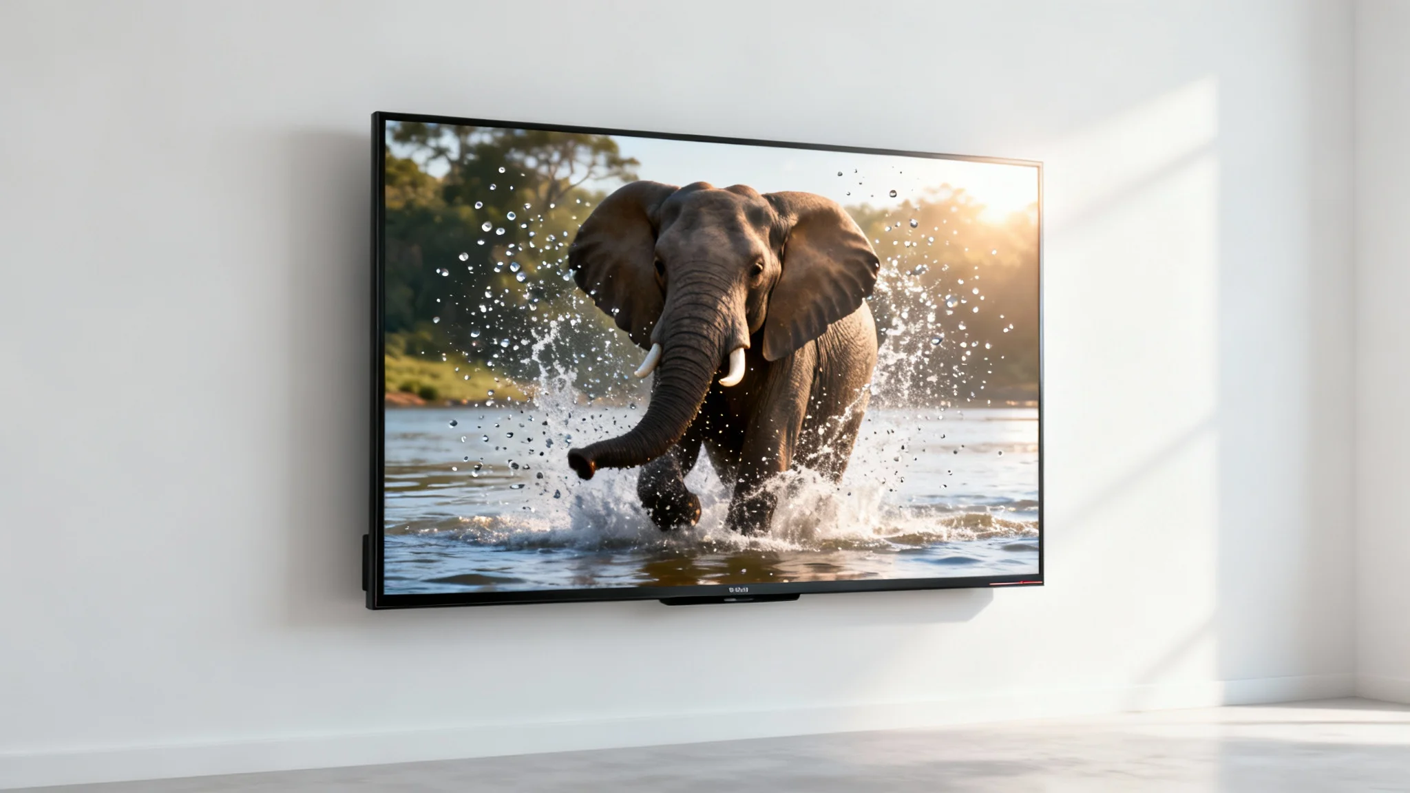 A mockup of a modern flat-screen TV on a white wall. The screen shows a hyper-realistic elephant splashing water, with the water appearing to fly out of the screen in 3D.