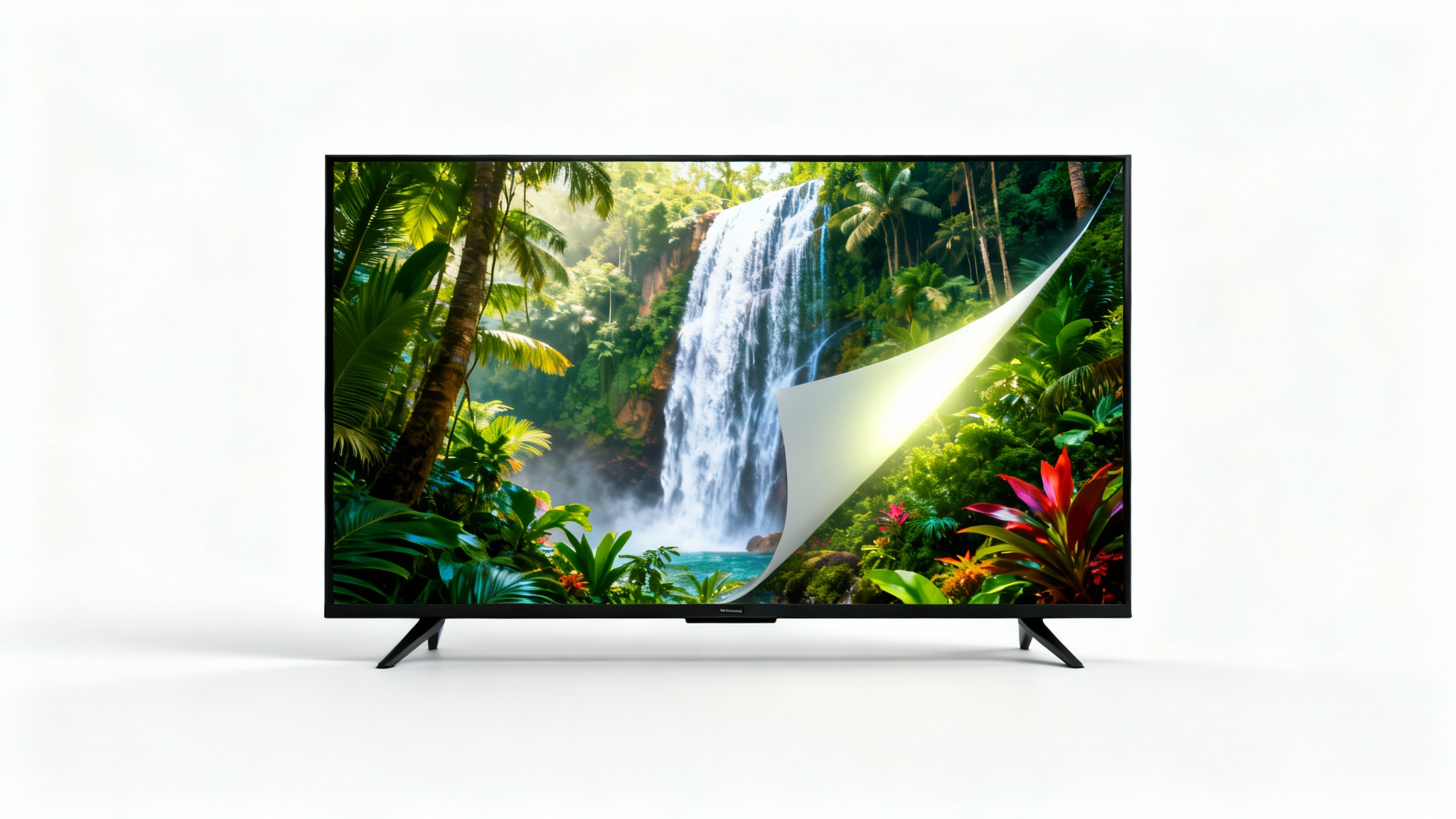 A modern flat-screen TV on a white background, with a hyper-realistic jungle scene on the screen. One corner of the screen is slightly lifted, suggesting it is being replaced.