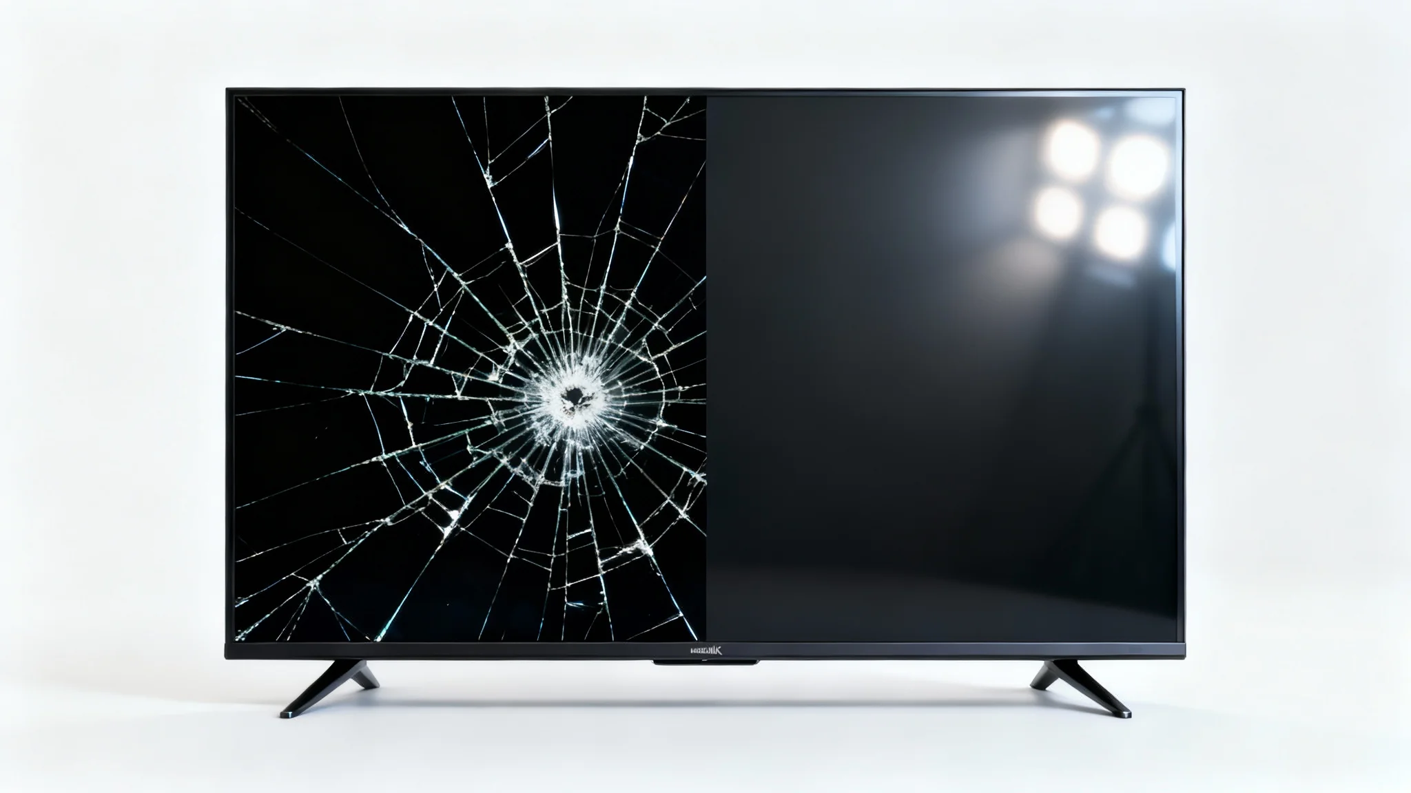 A photorealistic mockup of a modern TV on a white background. The screen is split in half, with the left side shattered and cracked, and the right side brand new and flawless, demonstrating a TV screen replacement.