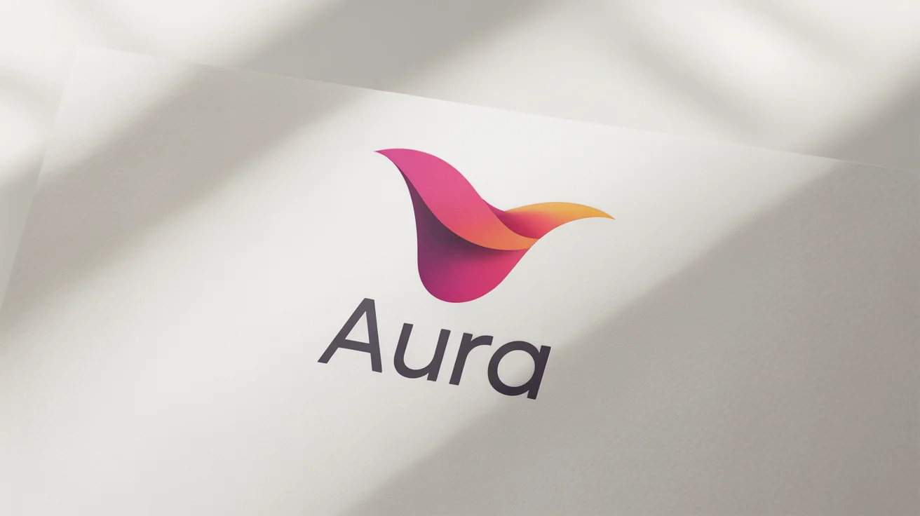 A modern, minimalist logo for a brand named 'AURA', featuring a stylized bird shape with a vibrant magenta-to-orange gradient, presented on a clean white background.