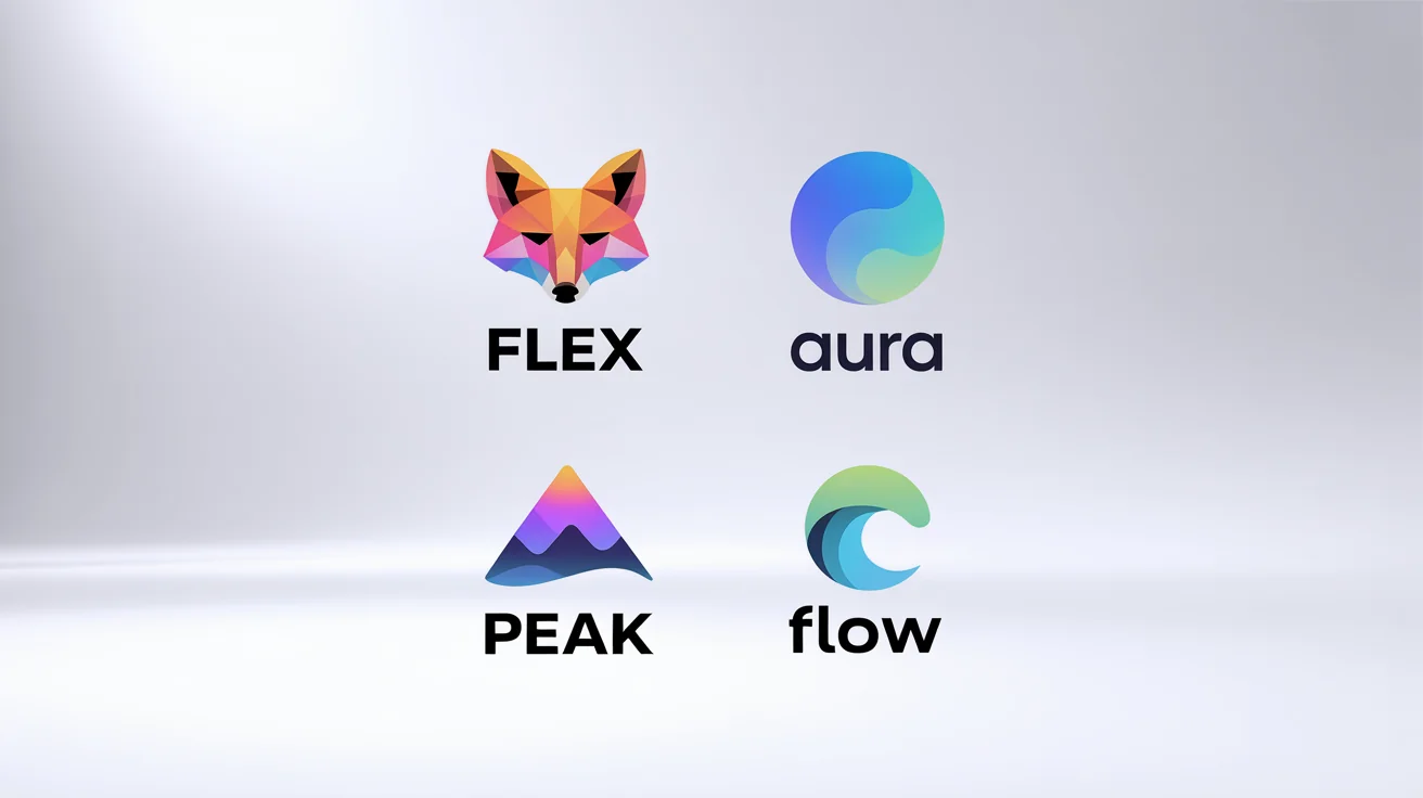 A collection of four modern logos on a white background, each demonstrating a different color gradient effect with fictional brand names like 'FLEX', 'AURA', 'PEAK', and 'FLOW'.
