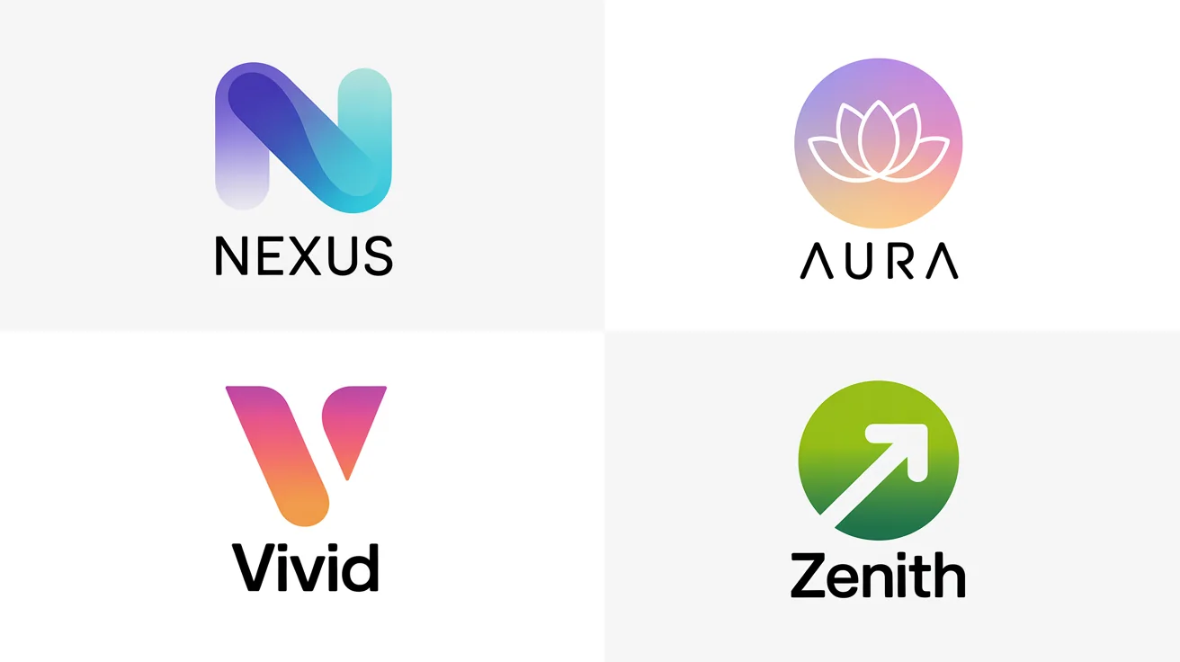 A collection of four modern custom logos with vibrant color gradients for fictional brands named 'Nexus', 'Aura', 'Vivid', and 'Zenith', showcased on a clean white background.