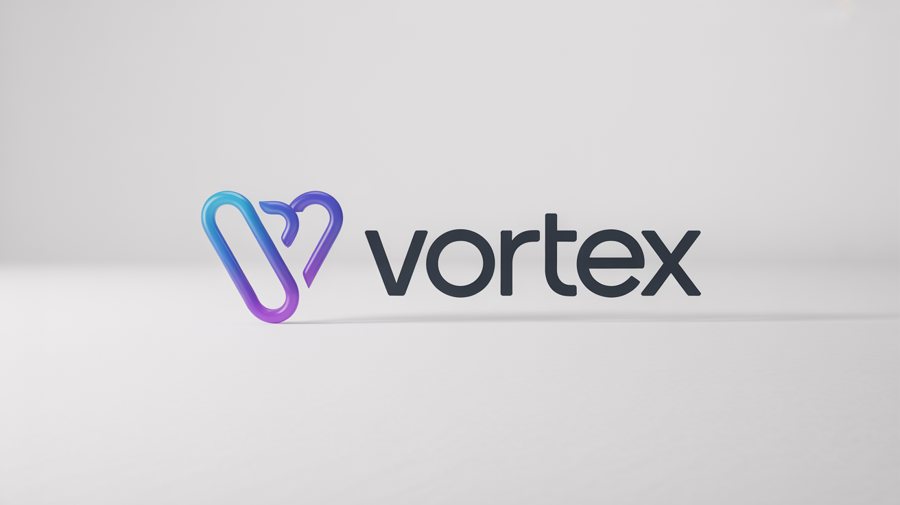 A modern logo mockup for the fictional brand 'Vortex'. The design features an abstract geometric symbol with a vibrant blue-to-purple gradient, placed next to the brand name on a clean white background.