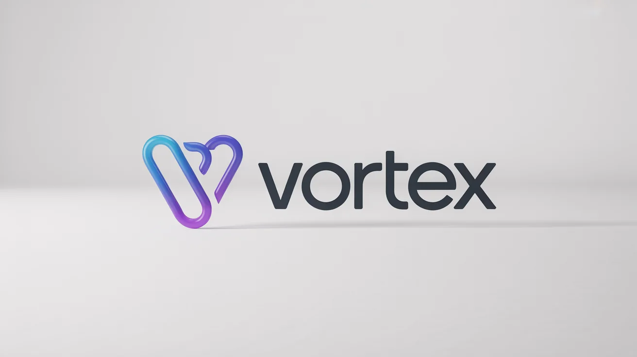A modern logo mockup for the fictional brand 'Vortex'. The design features an abstract geometric symbol with a vibrant blue-to-purple gradient, placed next to the brand name on a clean white background.