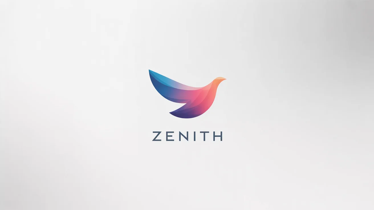 A modern logo for the fictional brand 'Zenith', featuring a stylized geometric bird with a blue-to-pink gradient, displayed on a clean white background.