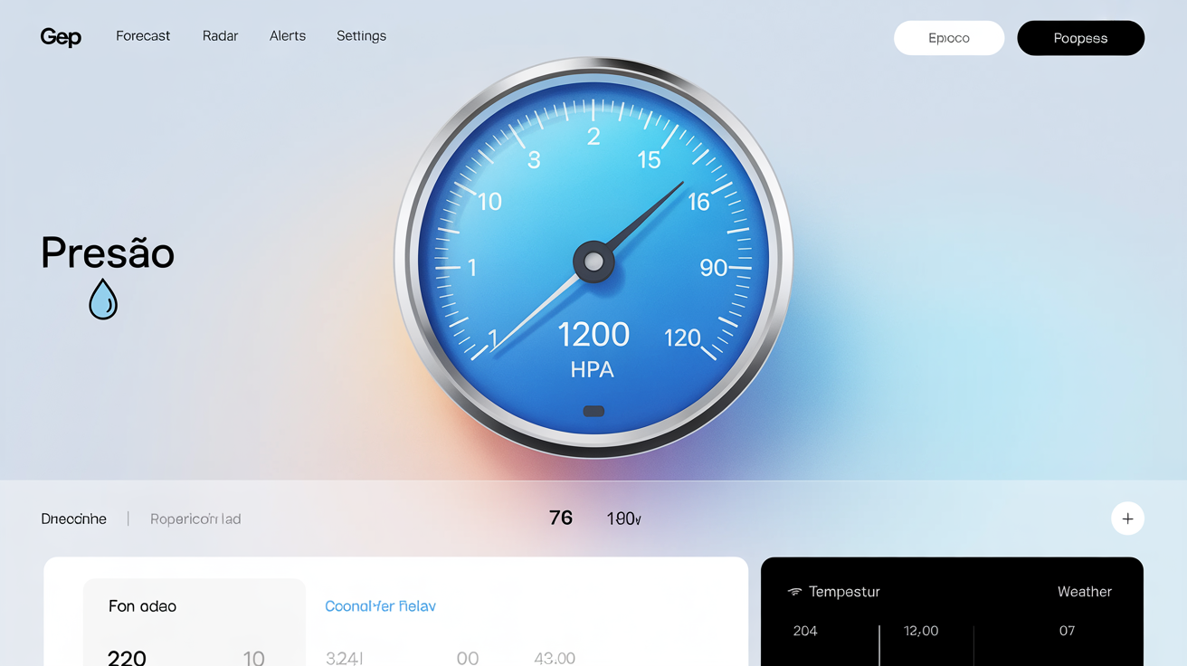 A modern, professionally designed graphic of a pressure gauge with a blue gradient face, showing a reading of 1200 hPa. The title 'Presão' is displayed below with a droplet icon.