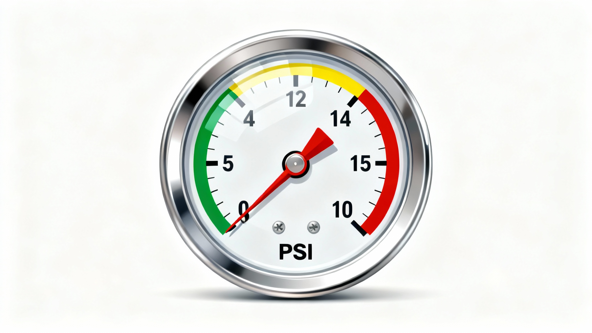 A clean vector illustration of an industrial pressure gauge with the needle pointing to the high-pressure red zone, shown against a white background.
