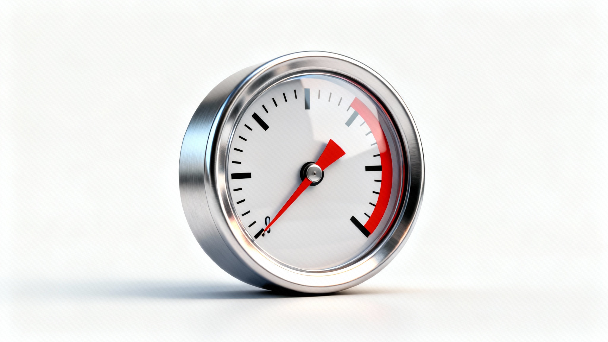 A graphic of a modern pressure gauge with a brushed metal casing, shown on a white background. The needle is pointing to the red danger zone, indicating high pressure.