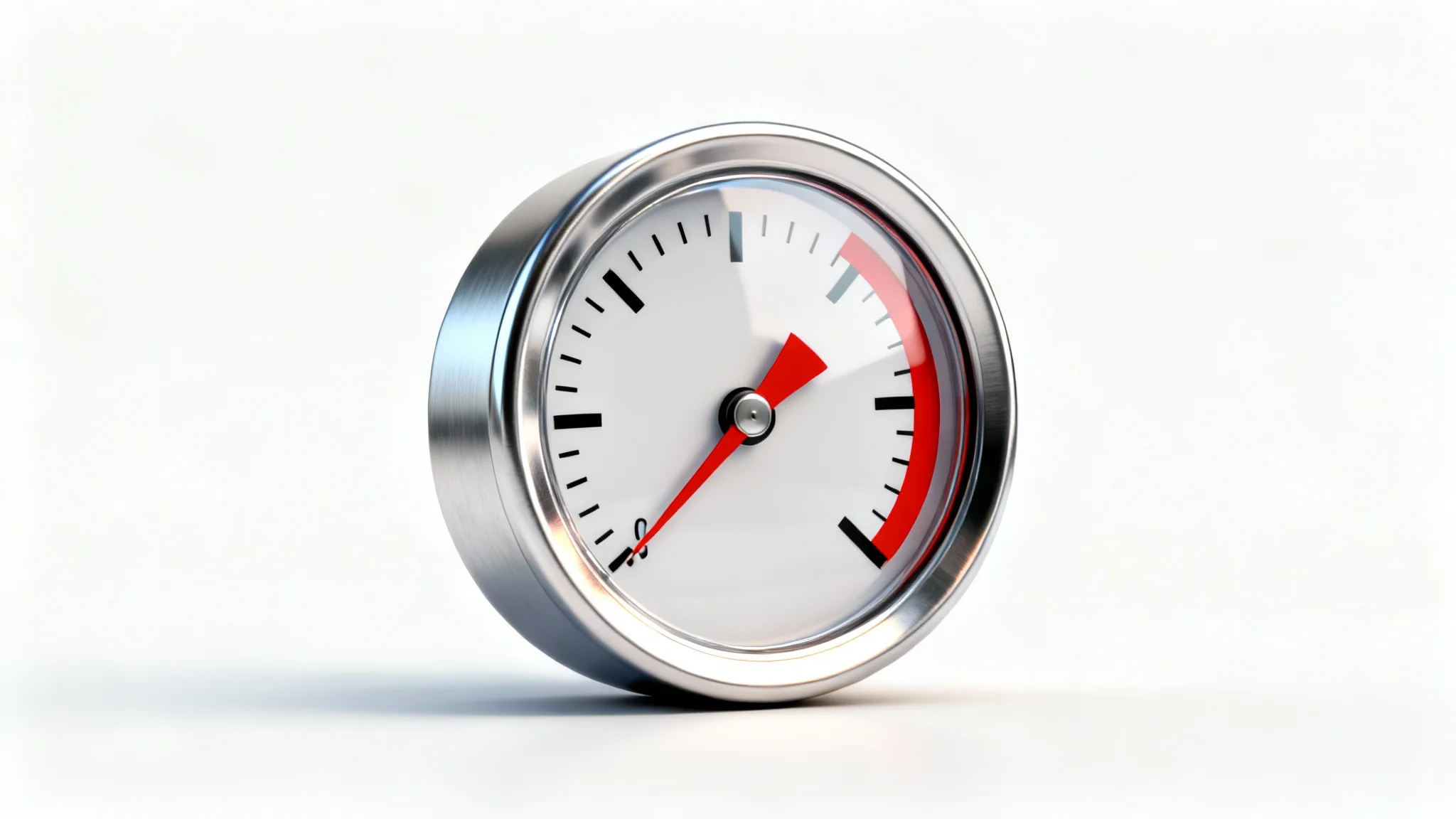 A graphic of a modern pressure gauge with a brushed metal casing, shown on a white background. The needle is pointing to the red danger zone, indicating high pressure.