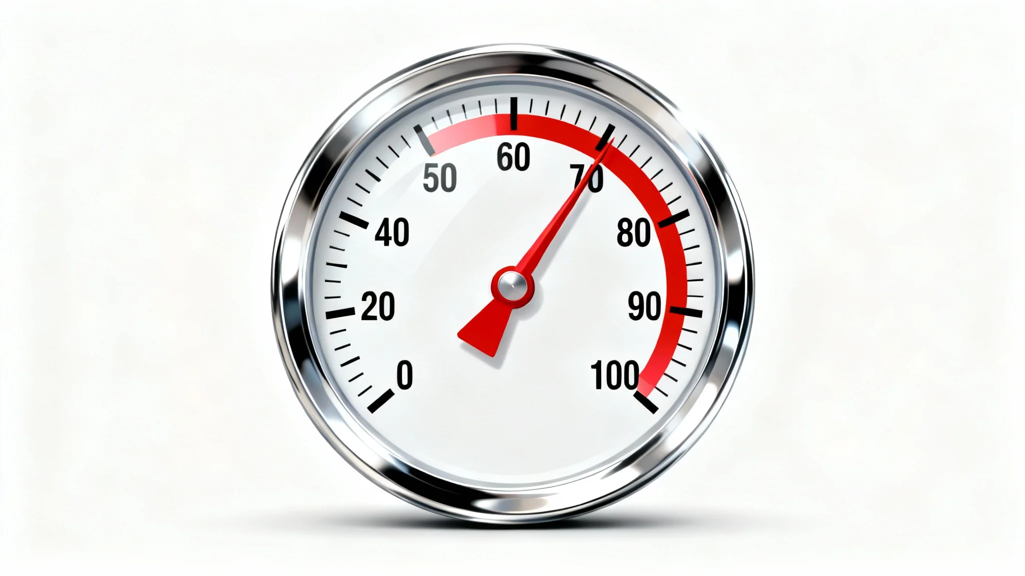 A modern vector graphic of a circular pressure gauge with a chrome casing. The red needle points to a high-pressure reading on the white dial, set against a white background.