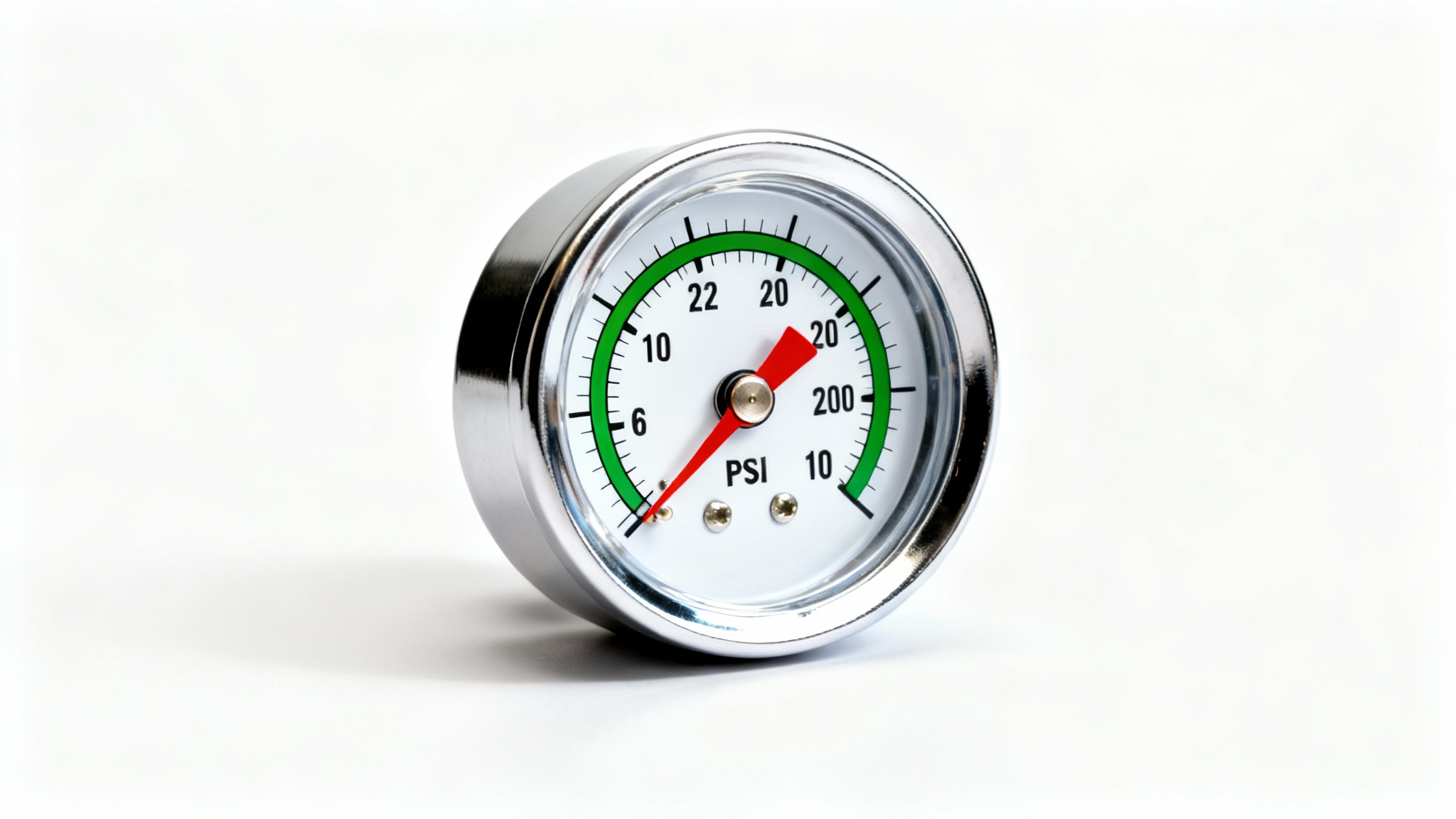 A photorealistic mockup of a shiny chrome pressure gauge with its red needle pointing to the optimal green zone, isolated on a clean white background.