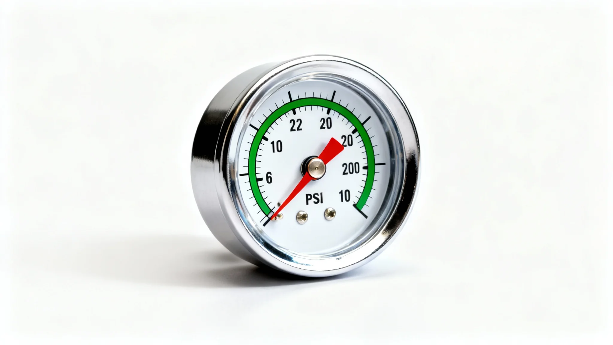 A photorealistic mockup of a shiny chrome pressure gauge with its red needle pointing to the optimal green zone, isolated on a clean white background.