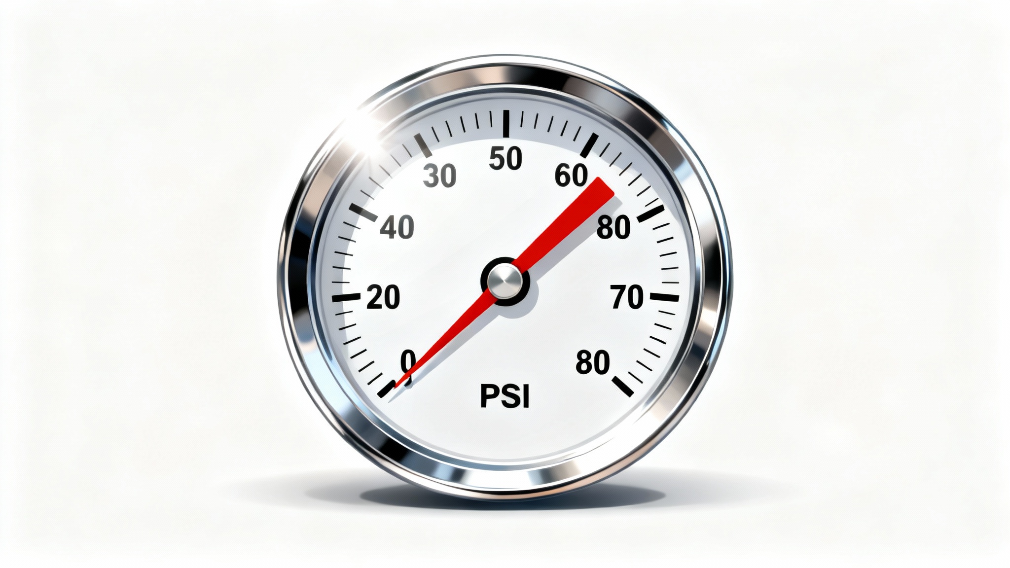 A modern graphic illustration of a chrome pressure gauge with a red needle indicating high pressure, set against a plain white background.