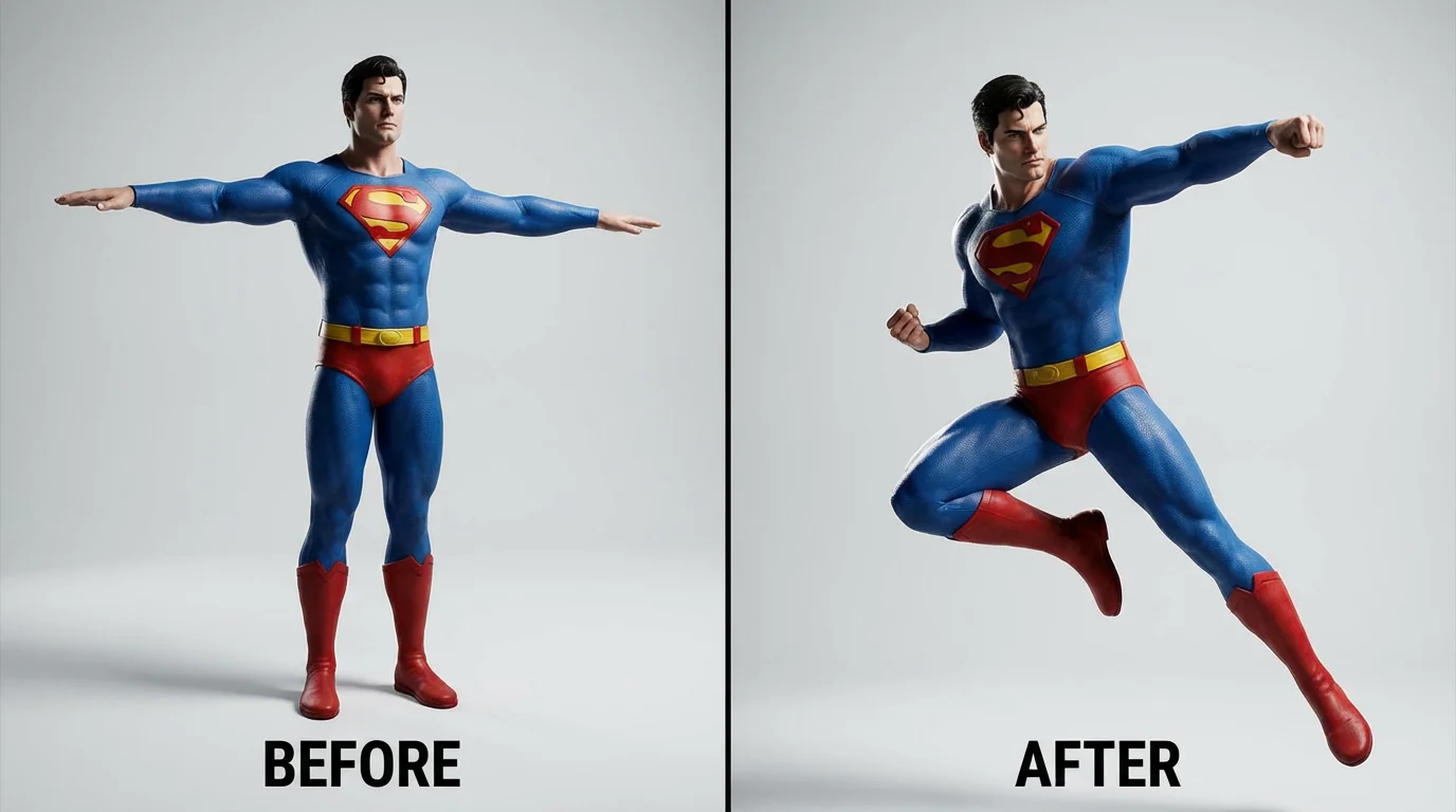 A split-screen hero image demonstrating 3D character pose correction. The 'before' side on the left shows a superhero in a stiff, awkward pose. The 'after' side on the right shows the same hero in a dynamic, powerful, and balanced action pose, highlighting the significant improvement.